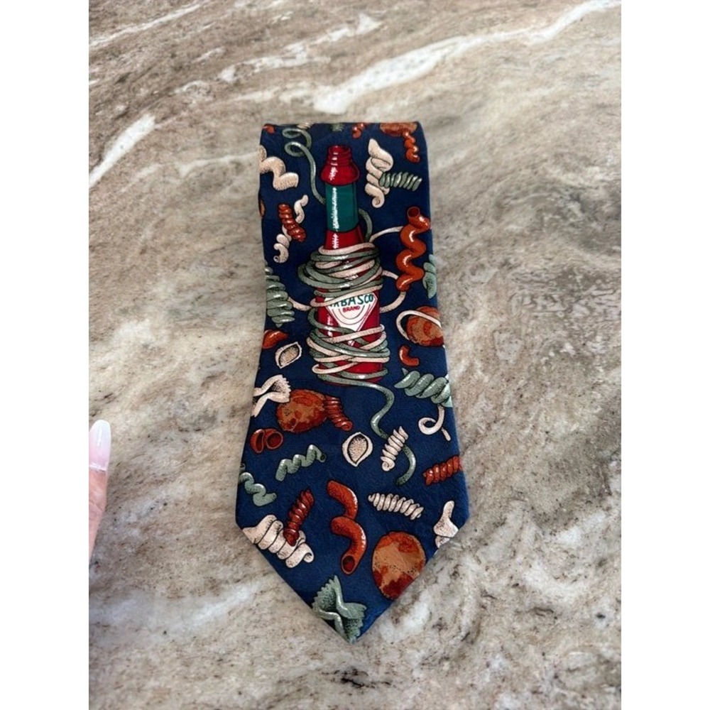 Tabasco Mens Silk Necktie Navy Blue Pasta Hot Sauce Bottle Novelty Vintage Tie
